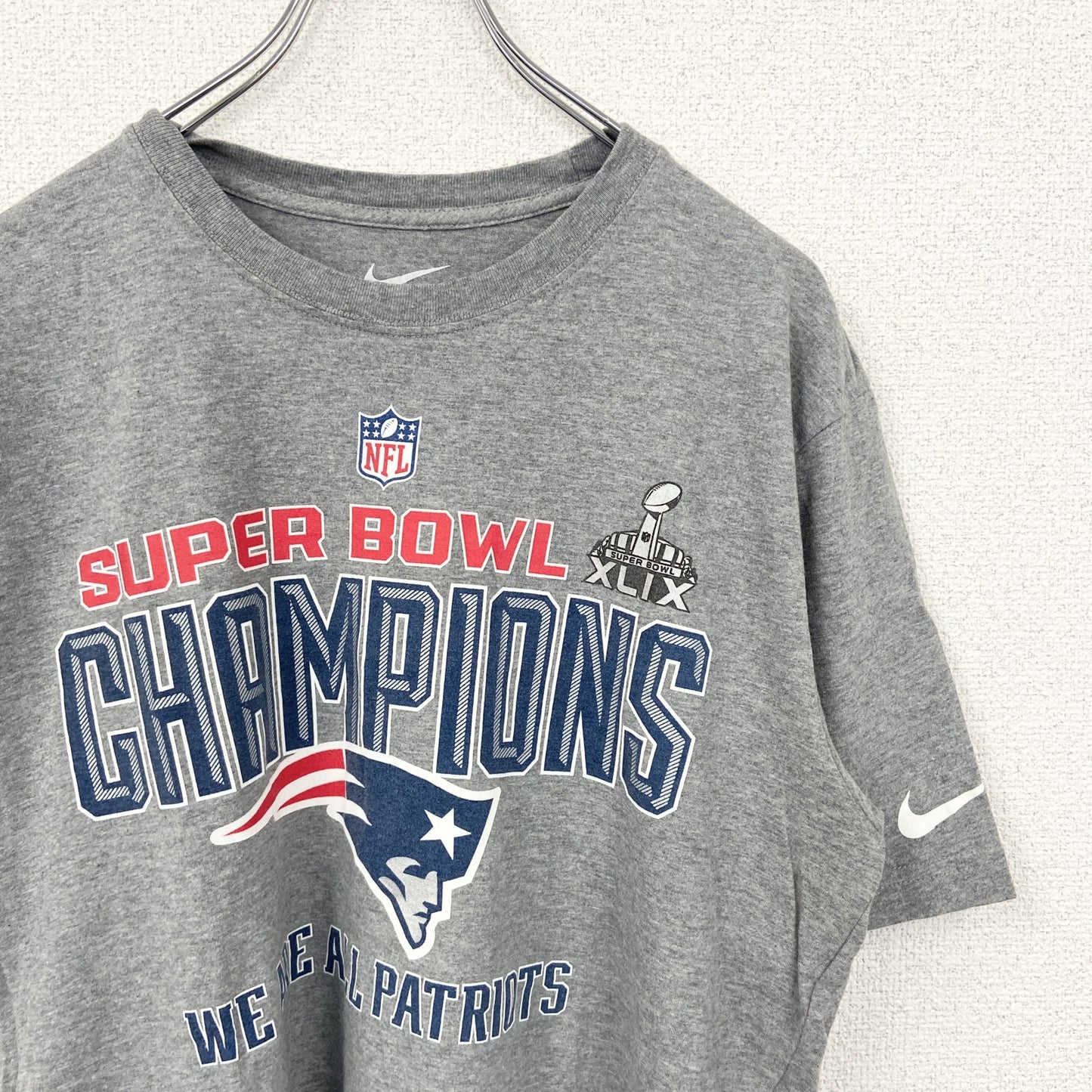 古着 used　NIKE ナイキ　半袖センタープリントTシャツ　SUPER BOWL　ペイトリオッツ　アメフト　グレー　Lサイズ