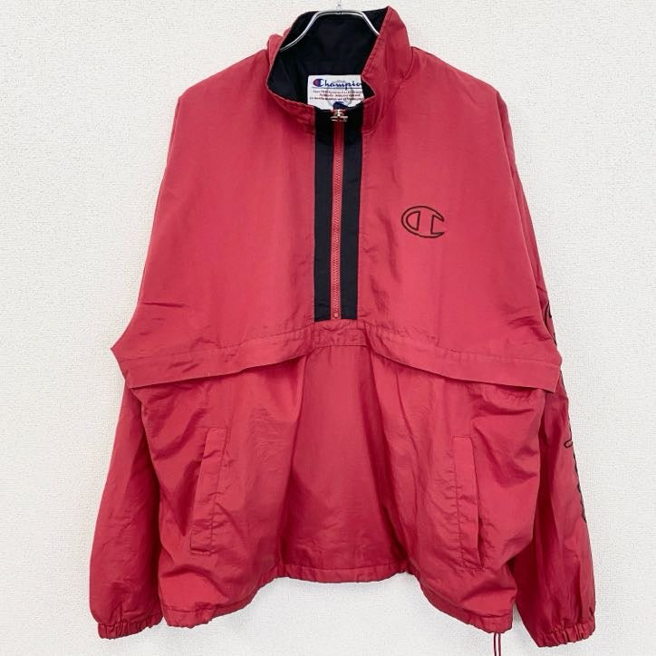 90s　champion　チャンピオン　プルオーバージャケット　ヴィンテージ　ハーフジップ　赤　レッド　XLサイズ　古着