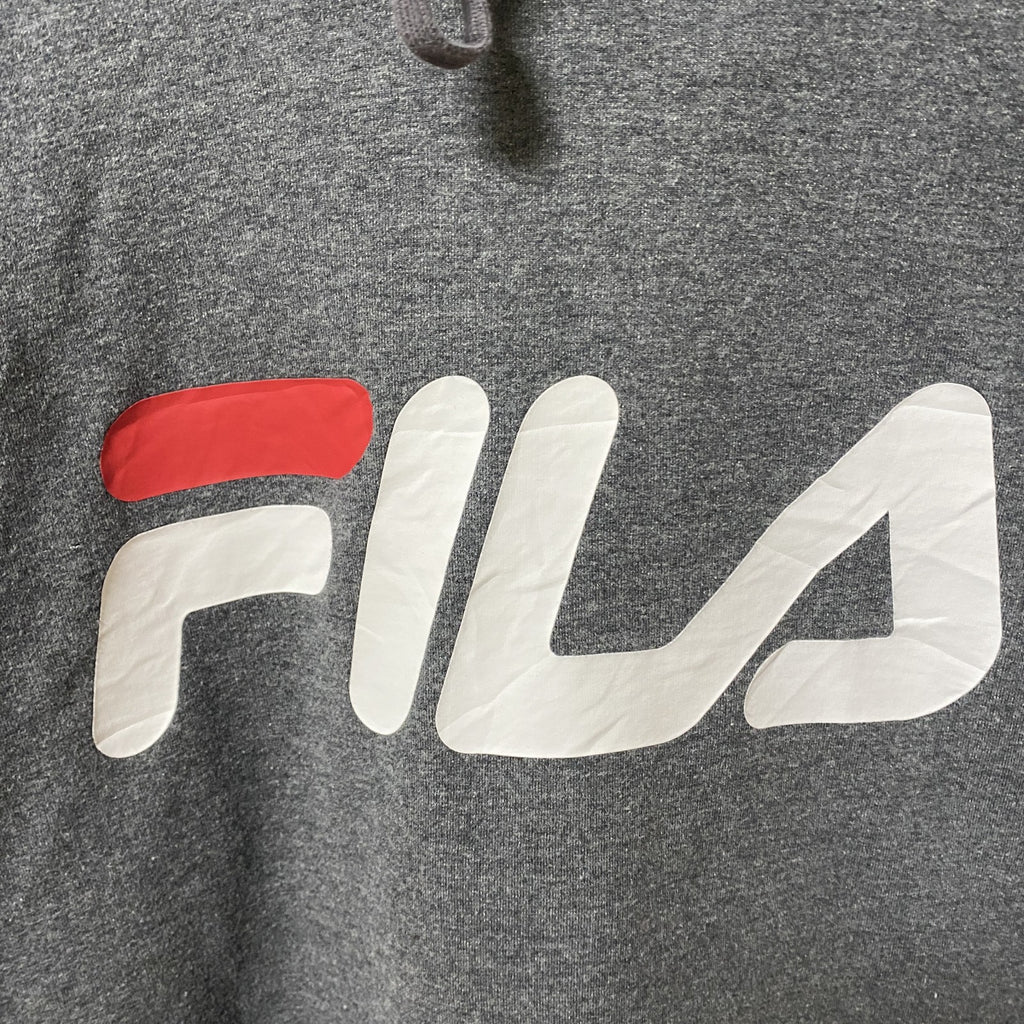 FILA　フィラ　スウェットパーカー/フーディー　デカロゴ　トリコロール　灰色　ダークグレー　XLサイズ　古着
