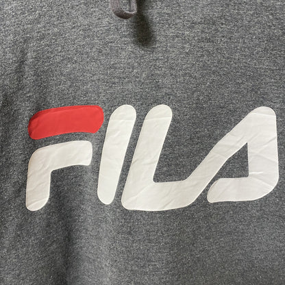 古着 used FILA フィラ　長袖プリントプルオーバーパーカー　フーディー　スポーティー　オーバーサイズ　グレー　XLサイズ