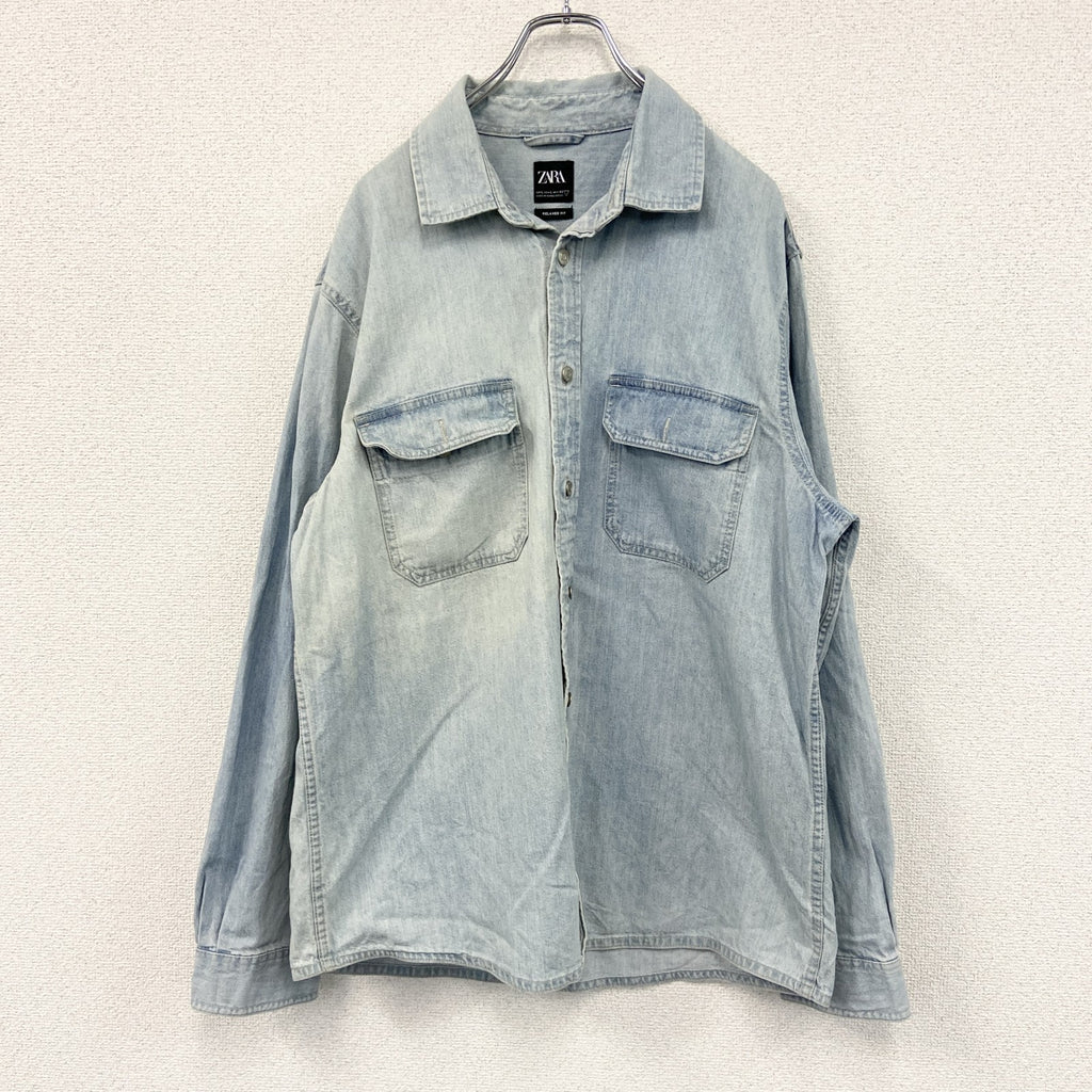 ZARA　ザラ　RELAXED FIT　長袖デニムシャツジャケット　フェード　2つポケット　ペイントデザイン　インディゴ　Lサイズ　古着