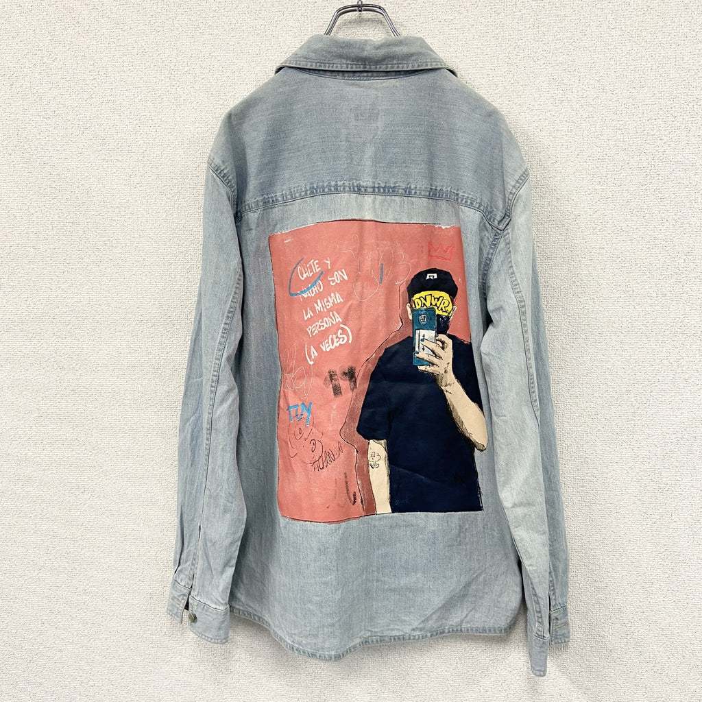 ZARA　ザラ　RELAXED FIT　長袖デニムシャツジャケット　フェード　2つポケット　ペイントデザイン　インディゴ　Lサイズ　古着