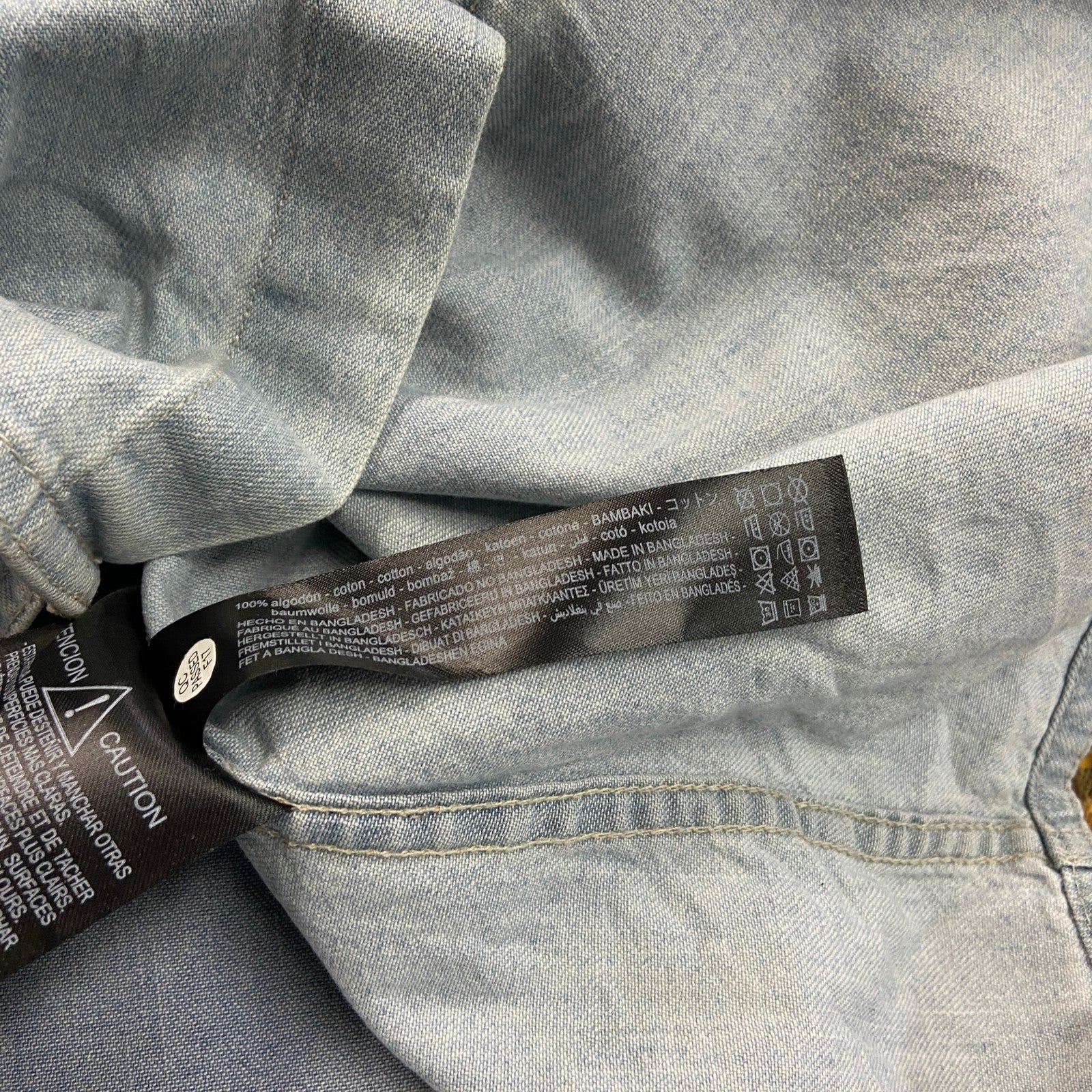 ZARA　ザラ　RELAXED FIT　長袖デニムシャツジャケット　フェード　2つポケット　ペイントデザイン　インディゴ　Lサイズ　古着