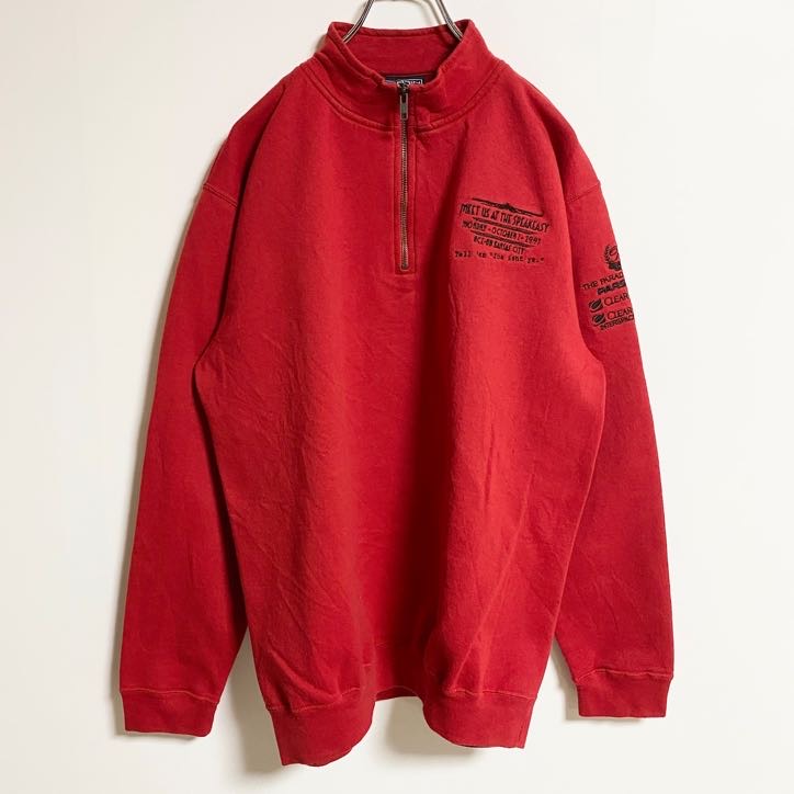 PERRIN WEAR　ハーフジップスウェット/トレーナー　刺繍ロゴ　7連プリント　ビックシルエット　赤　レッド　Mサイズ　古着