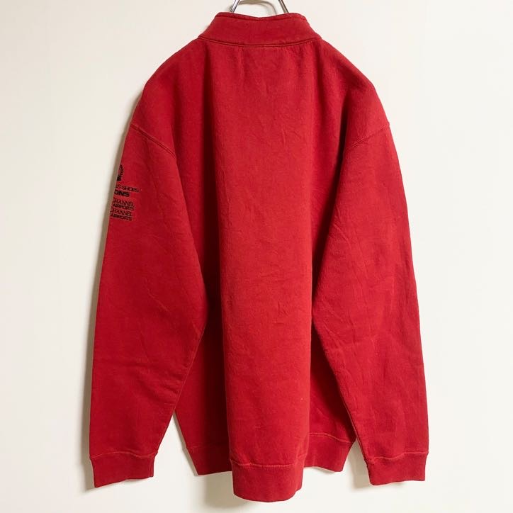 PERRIN WEAR　ハーフジップスウェット/トレーナー　刺繍ロゴ　7連プリント　ビックシルエット　赤　レッド　Mサイズ　古着