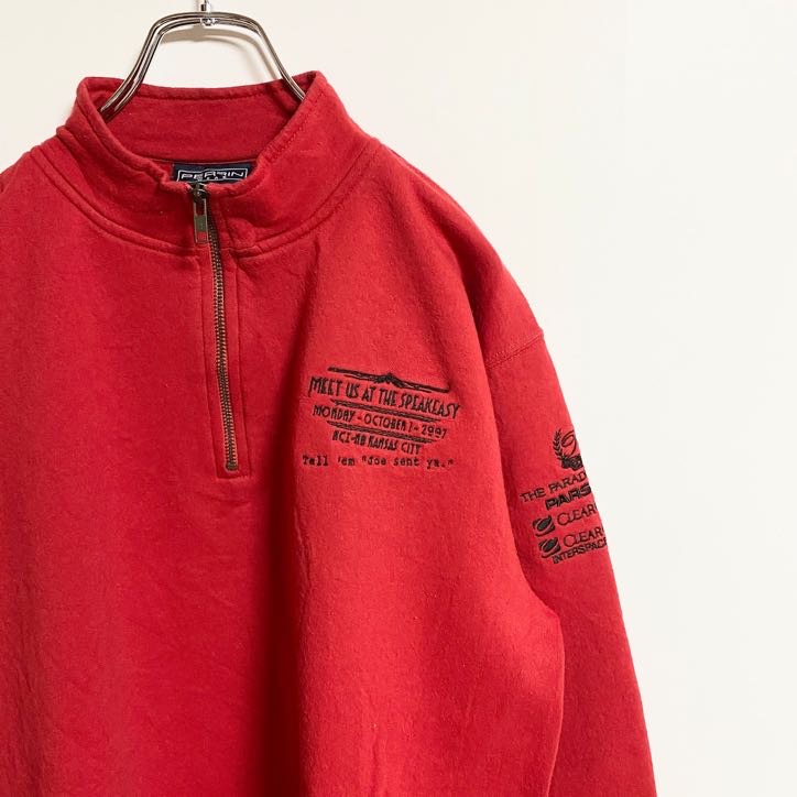 PERRIN WEAR　ハーフジップスウェット/トレーナー　刺繍ロゴ　7連プリント　ビックシルエット　赤　レッド　Mサイズ　古着
