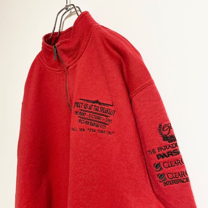 PERRIN WEAR　ハーフジップスウェット/トレーナー　刺繍ロゴ　7連プリント　ビックシルエット　赤　レッド　Mサイズ　古着