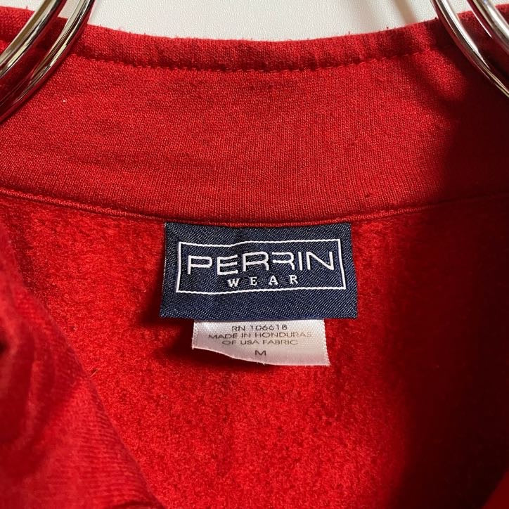 PERRIN WEAR　ハーフジップスウェット/トレーナー　刺繍ロゴ　7連プリント　ビックシルエット　赤　レッド　Mサイズ　古着