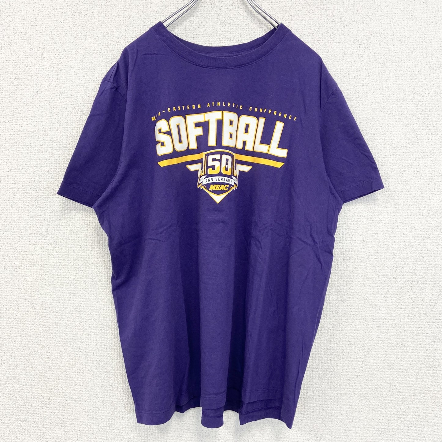 古着 used　NIKE ナイキ　半袖プリントTシャツ　ソフトボール　クルーネック　スウッシュロゴ　紫　パープル　XLサイズ