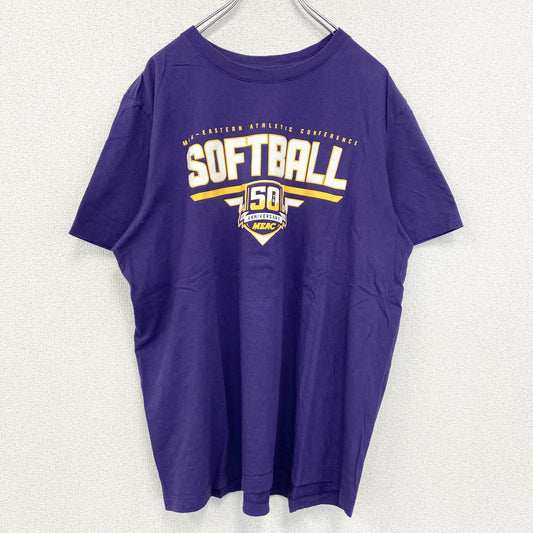 古着 used　NIKE ナイキ　半袖プリントTシャツ　ソフトボール　クルーネック　スウッシュロゴ　紫　パープル　XLサイズ