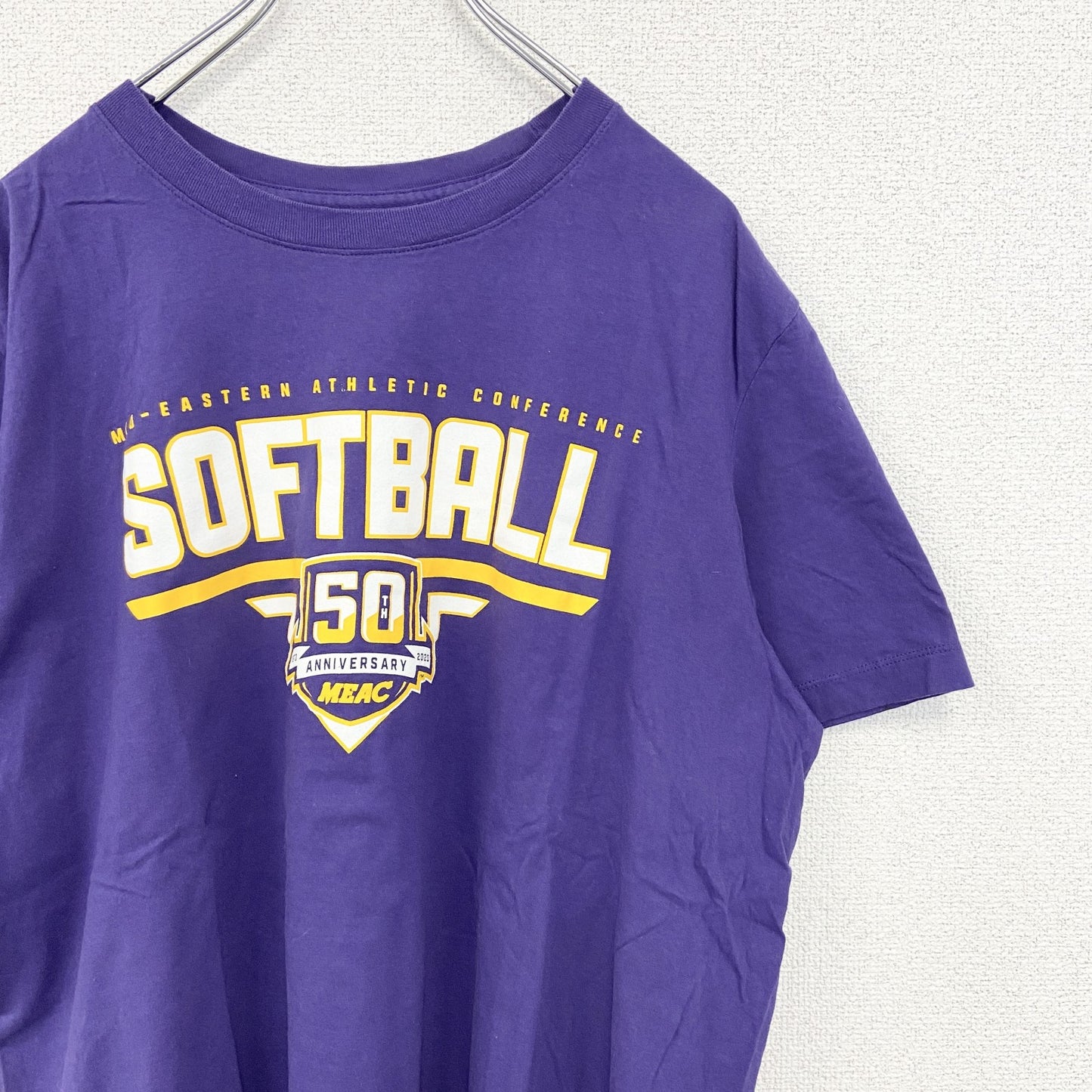 古着 used　NIKE ナイキ　半袖プリントTシャツ　ソフトボール　クルーネック　スウッシュロゴ　紫　パープル　XLサイズ