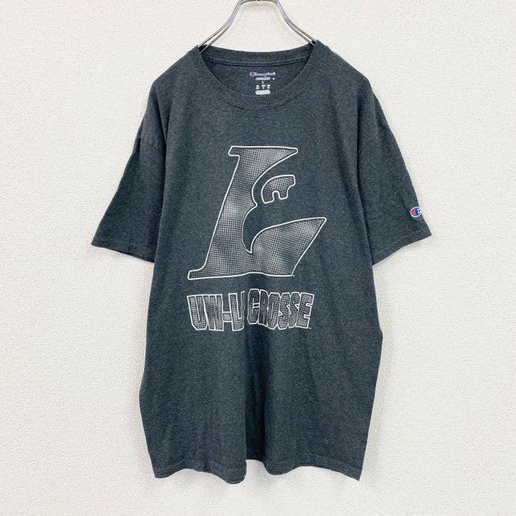 Champion　チャンピオン　半袖プリントTシャツ　カレッジプリント　刺繍ロゴ　現行　ダークグレー　XLサイズ　古着