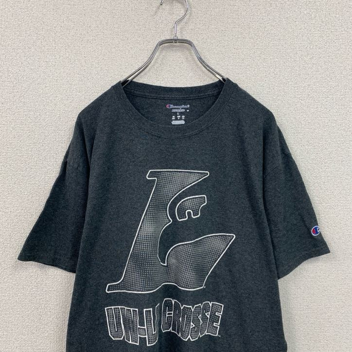 Champion　チャンピオン　半袖プリントTシャツ　カレッジプリント　刺繍ロゴ　現行　ダークグレー　XLサイズ　古着