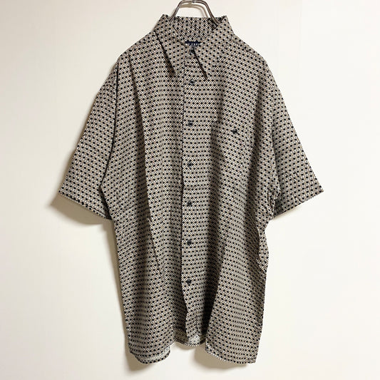 古着 used　IVYCREW　半袖総柄デザインシャツ　ドット柄　水玉　ベージュ　春夏服　レトロ　メンズ　レディース　Lサイズ