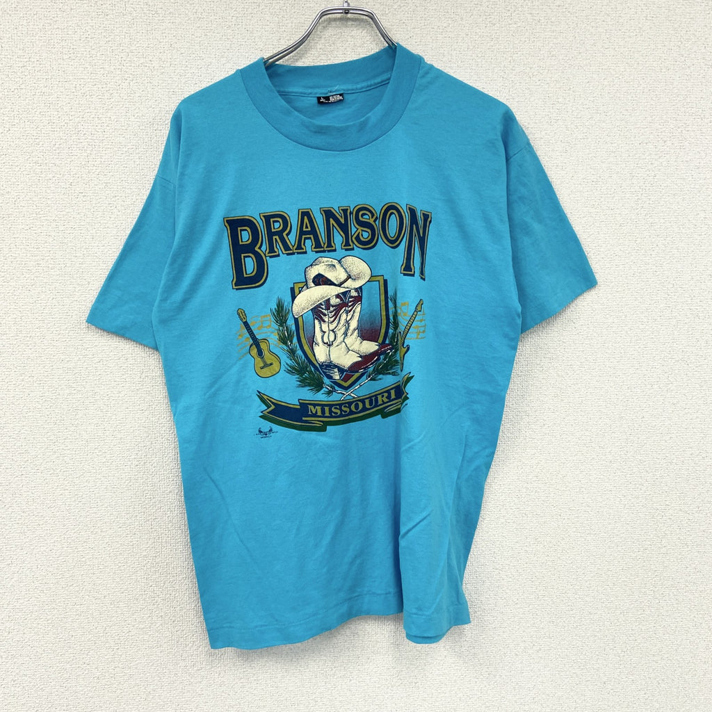 BRANSON　ブランソン　半袖プリントTシャツ　シングルステッチ　水色　ライトブルー　Lサイズ カットソー メンズ コットン 古着