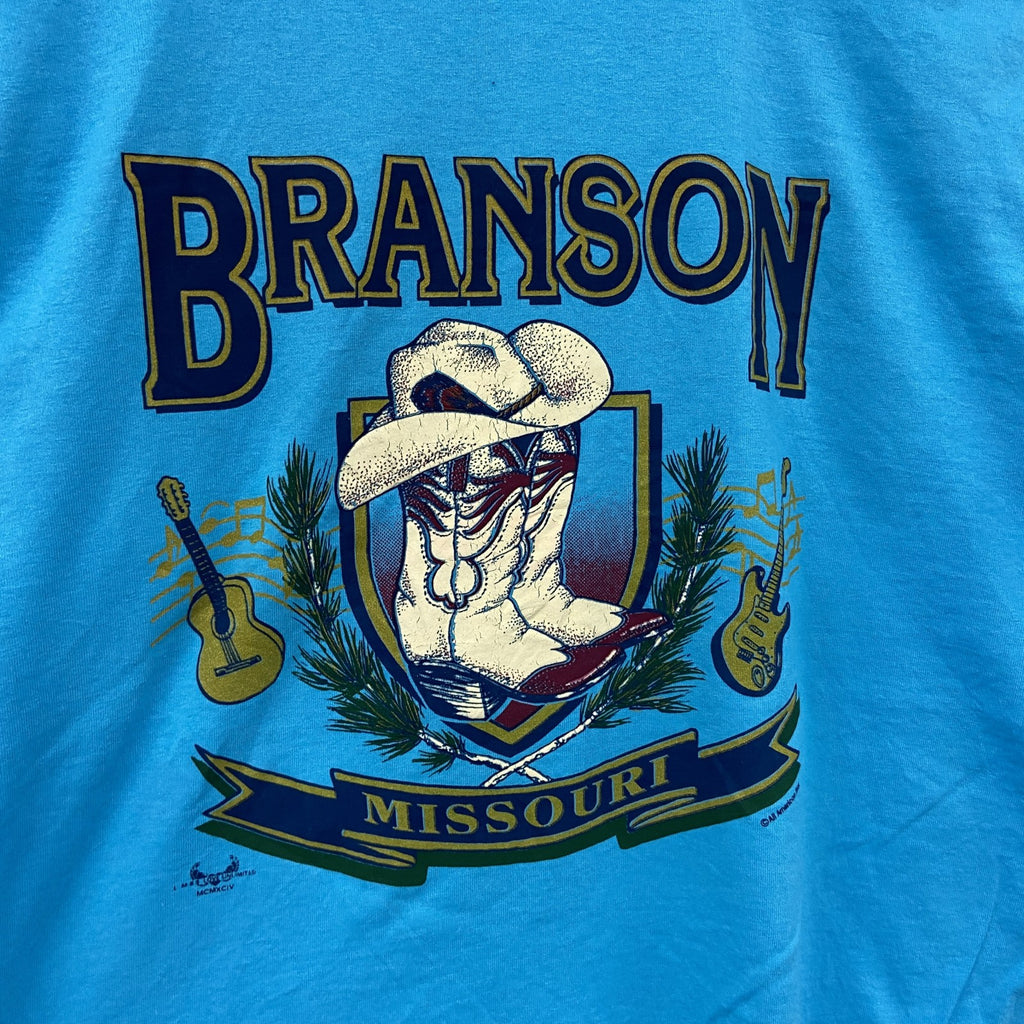 BRANSON　ブランソン　半袖プリントTシャツ　シングルステッチ　水色　ライトブルー　Lサイズ カットソー メンズ コットン 古着