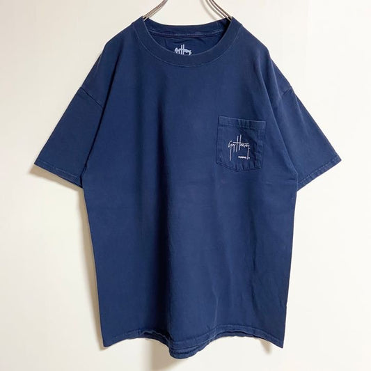 古着 used　GuyHarvey　半袖ワンポイントTシャツ　バックプリント　魚　カジキ　胸ポケット　紺　ネイビー　Lサイズ