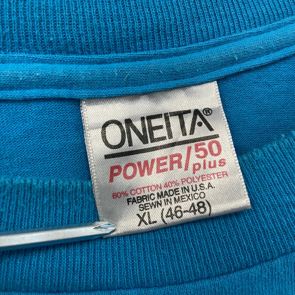 ONEITA　半袖プリントTシャツ　シングルステッチ　水色　ライトブルー　XLサイズ カットソー メンズ コットン 古着
