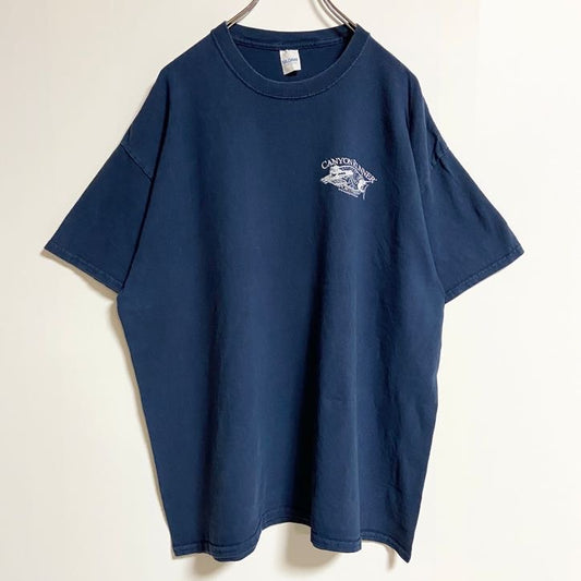 古着 used　GILDAN　ギルダン　半袖バックプリントTシャツ　ワンポイント　クルーネック　魚　船　ネイビー　紺　春夏服