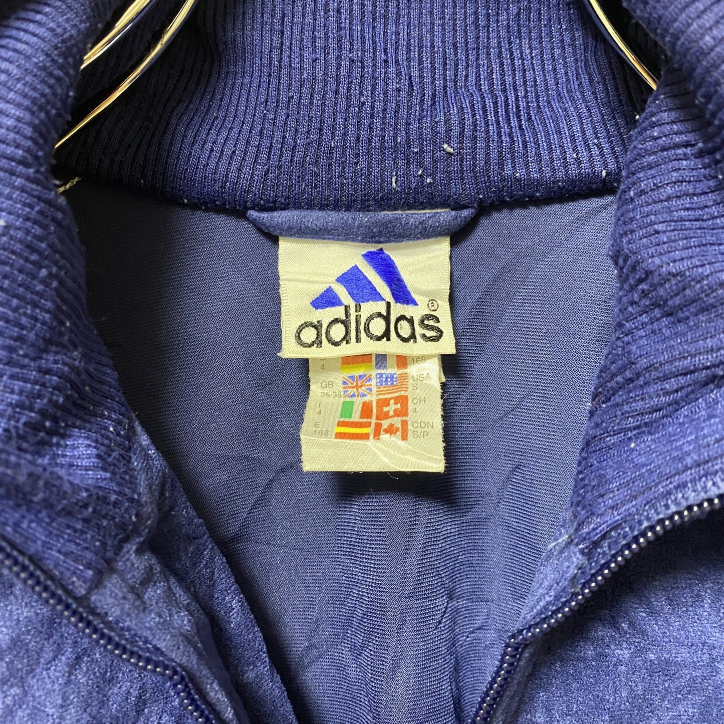 古着 used　90s　adidas アディダス　長袖フルジップベロアジャージ　トラックジャケット　ロゴ刺繍　ハイネック　Sサイズ