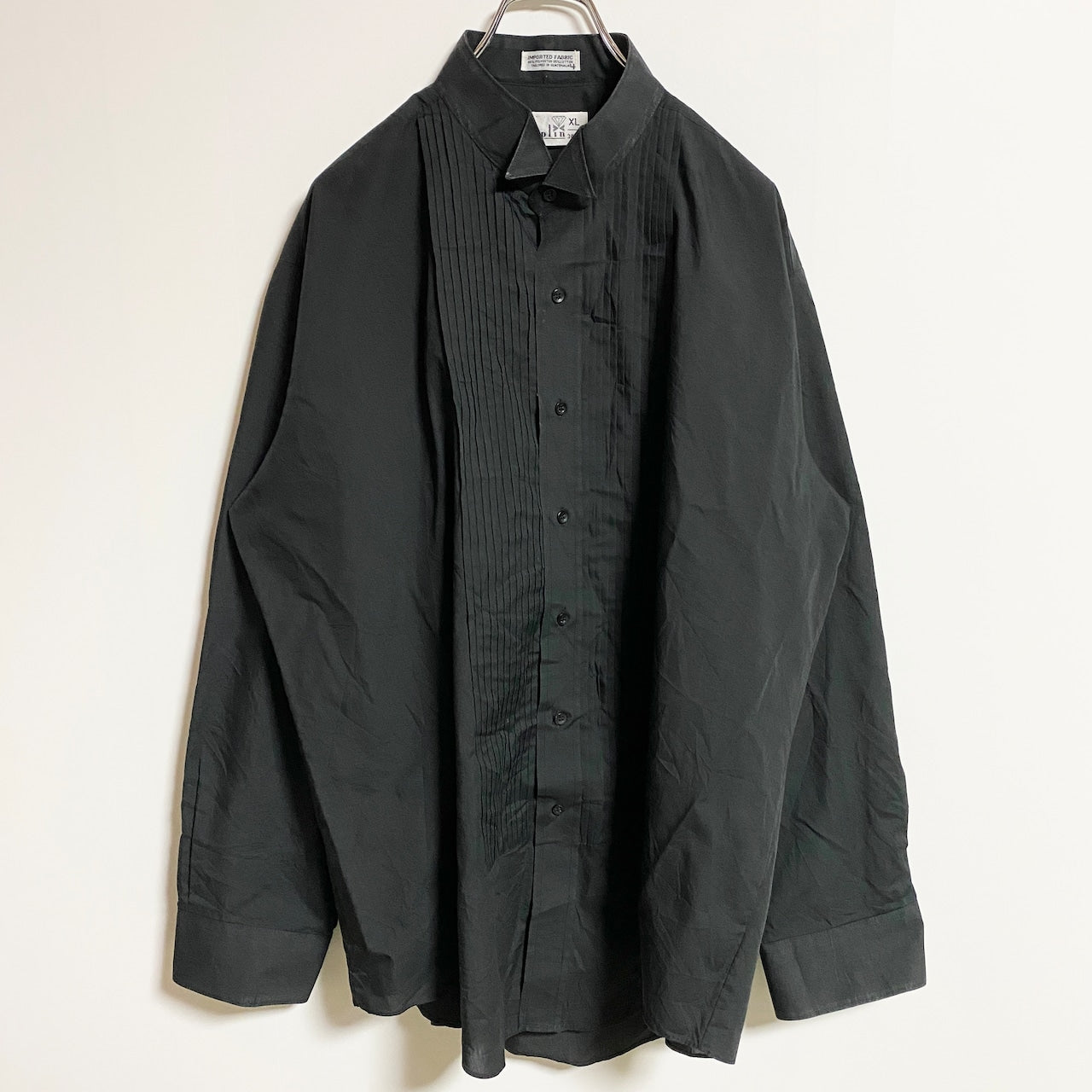 Chaplin　長袖無地プリーツシャツ　黒　ブラック　秋冬服　レトロ　ビッグシルエット　XLサイズ　古着