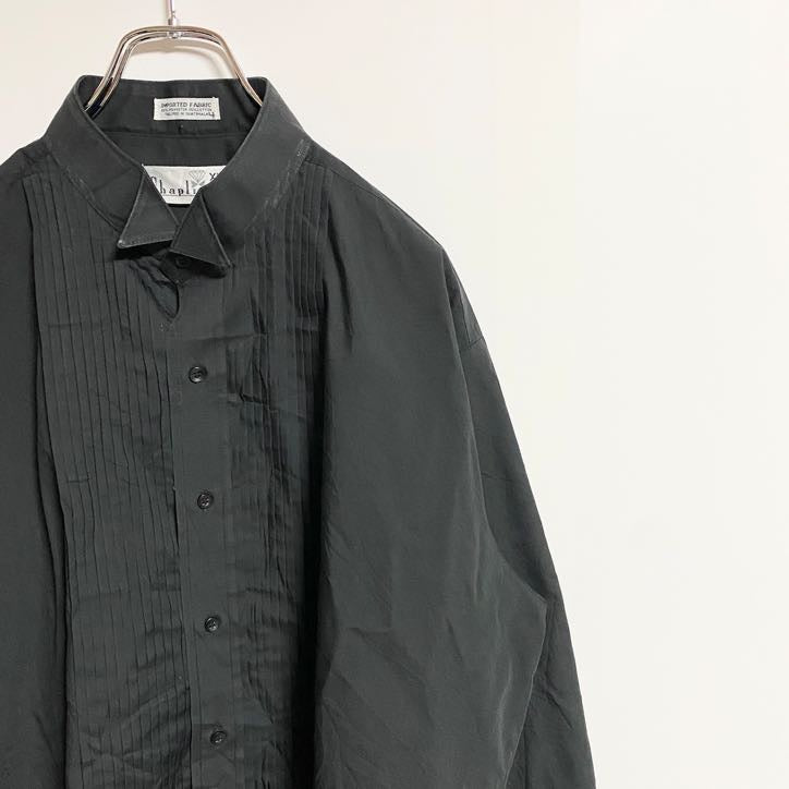 Chaplin　長袖無地プリーツシャツ　黒　ブラック　秋冬服　レトロ　ビッグシルエット　XLサイズ　古着