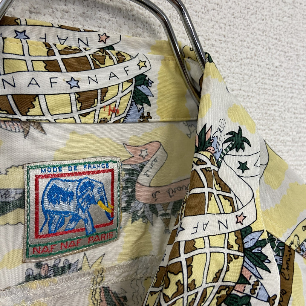 NAF NAF PARIS　長袖柄シャツ　アロハシャツ　総柄　黄色　イエロー　Fサイズ　古着