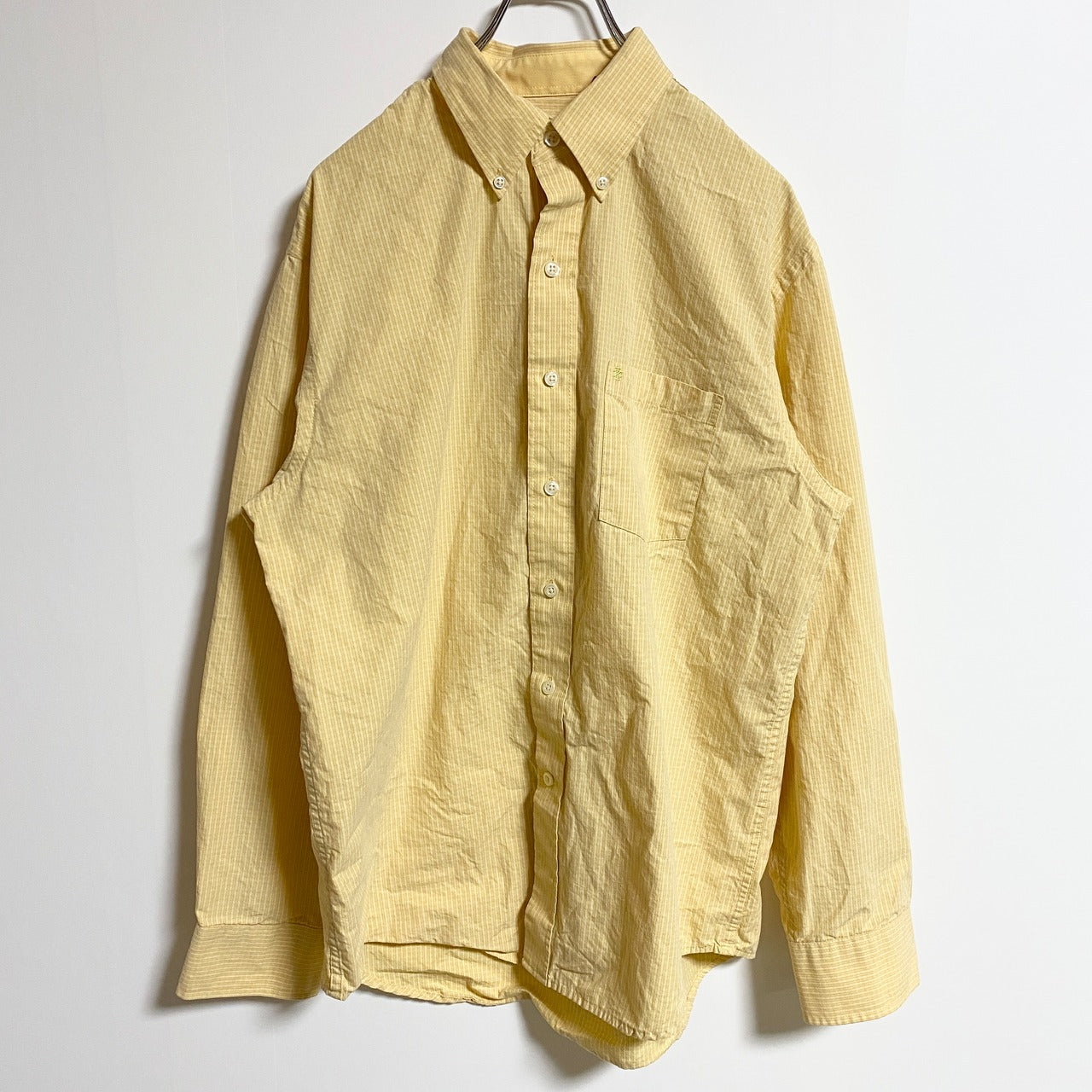 IZOD　アイゾッド　長袖ワンポイント刺繍シャツ　ストライプ柄　黄色　イエロー　秋冬服　レトロ　Mサイズ　古着