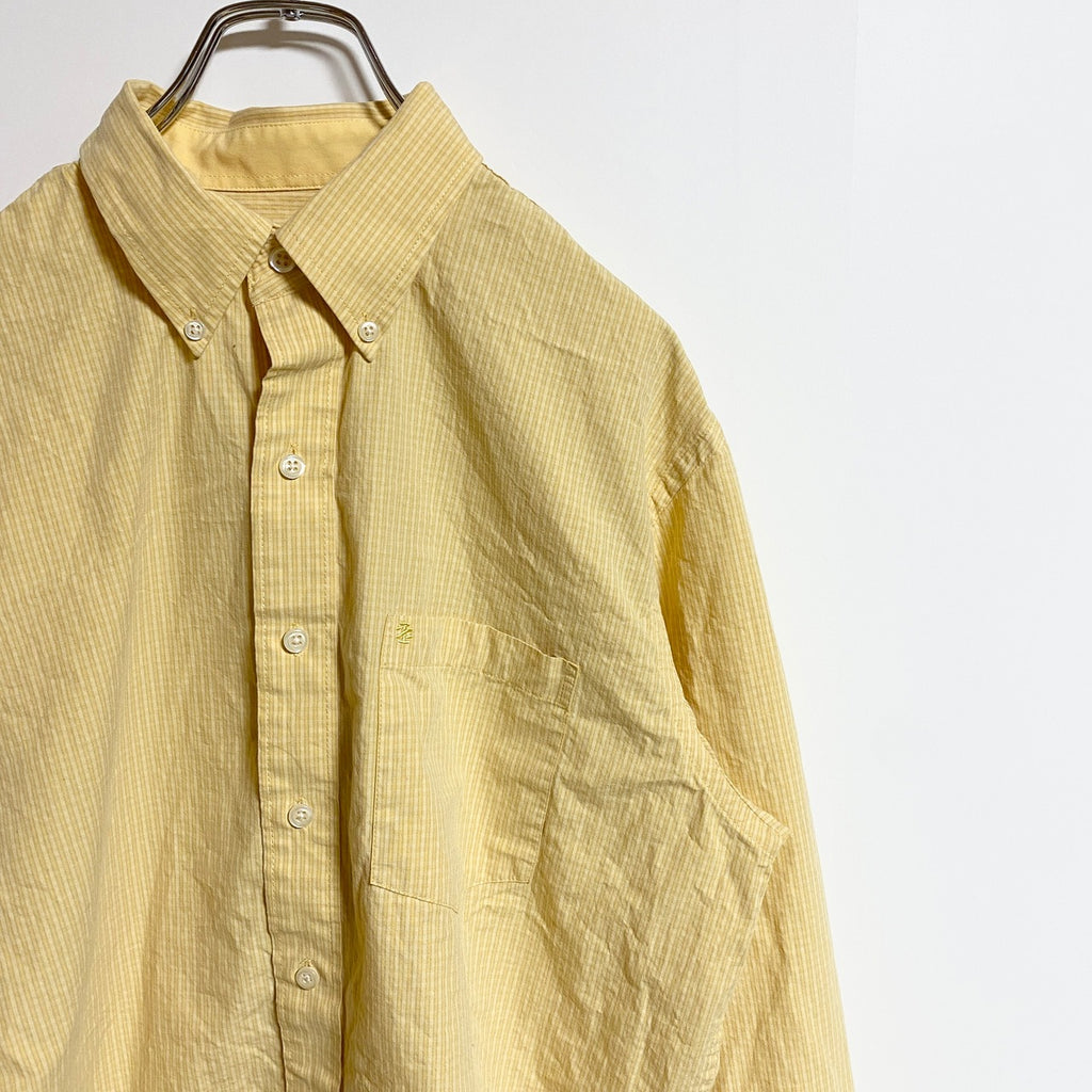 IZOD　アイゾッド　長袖ワンポイント刺繍シャツ　ストライプ柄　黄色　イエロー　秋冬服　レトロ　Mサイズ　古着