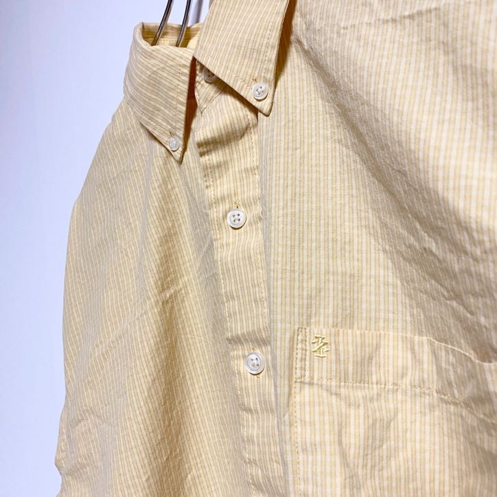 IZOD　アイゾッド　長袖ワンポイント刺繍シャツ　ストライプ柄　黄色　イエロー　秋冬服　レトロ　Mサイズ　古着