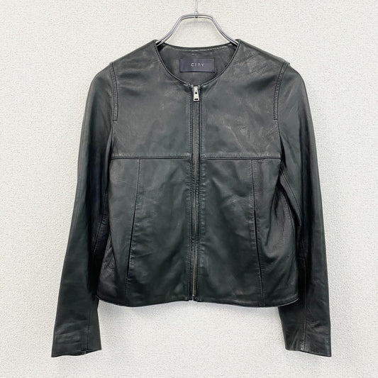 CITY　シティ　ノーカラーラムレザージャケット　シングルライダースジャケット　黒　ブラック　0サイズ
