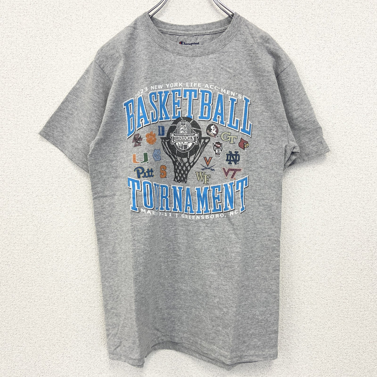 champion　チャンピオン　半袖プリントTシャツ　バスケットボール　トーナメント　グレー　灰色　2023　Sサイズ　古着