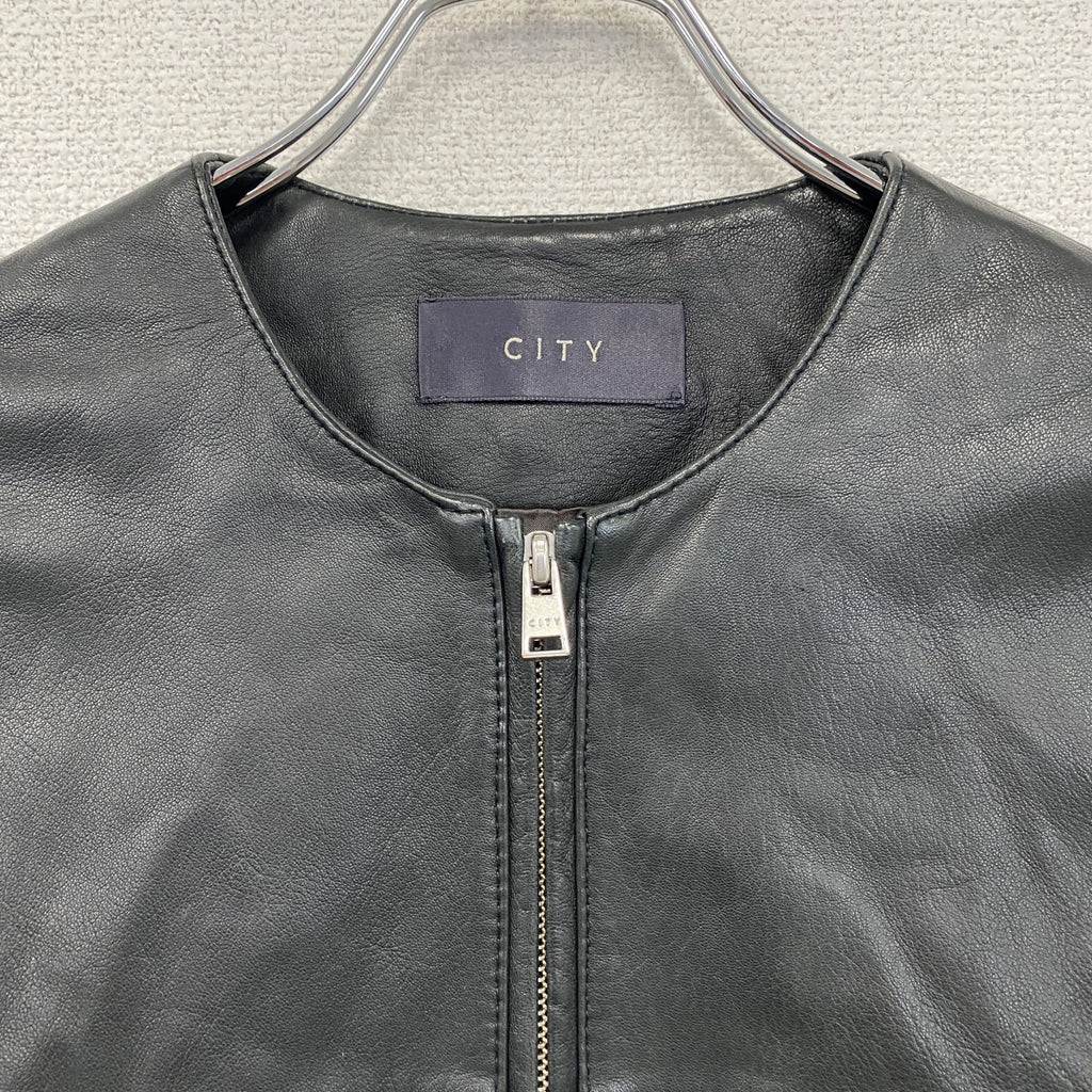 CITY　シティ　ノーカラーラムレザージャケット　シングルライダースジャケット　黒　ブラック　0サイズ　古着