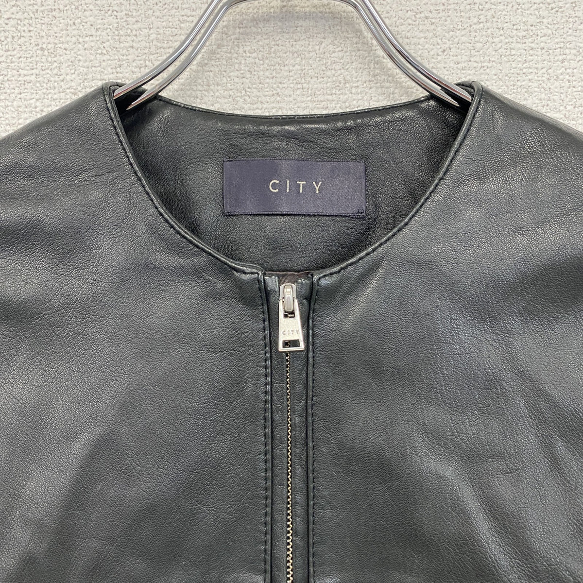 CITY　シティ　ノーカラーラムレザージャケット　シングルライダースジャケット　黒　ブラック　0サイズ　古着