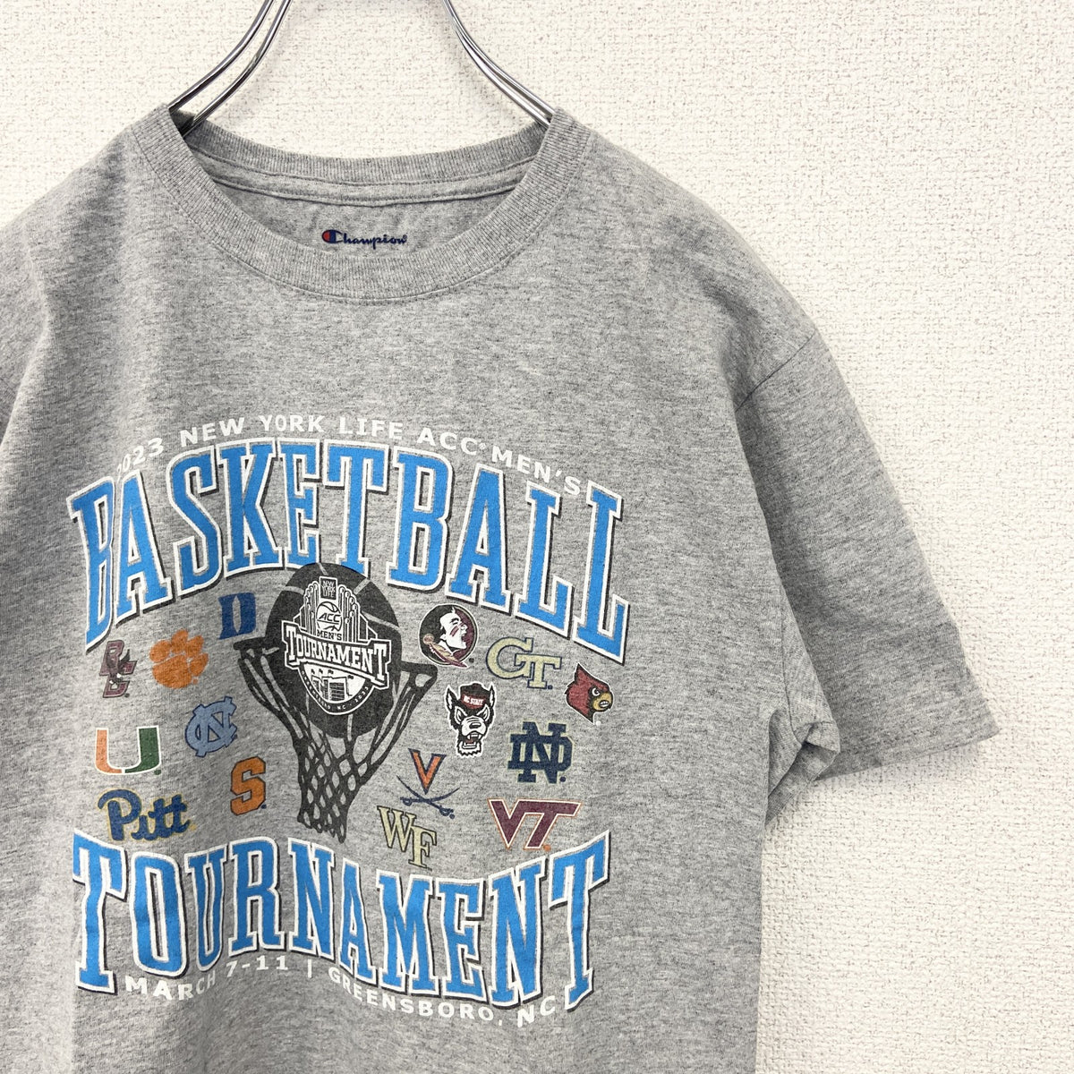 champion　チャンピオン　半袖プリントTシャツ　バスケットボール　トーナメント　グレー　灰色　2023　Sサイズ　古着