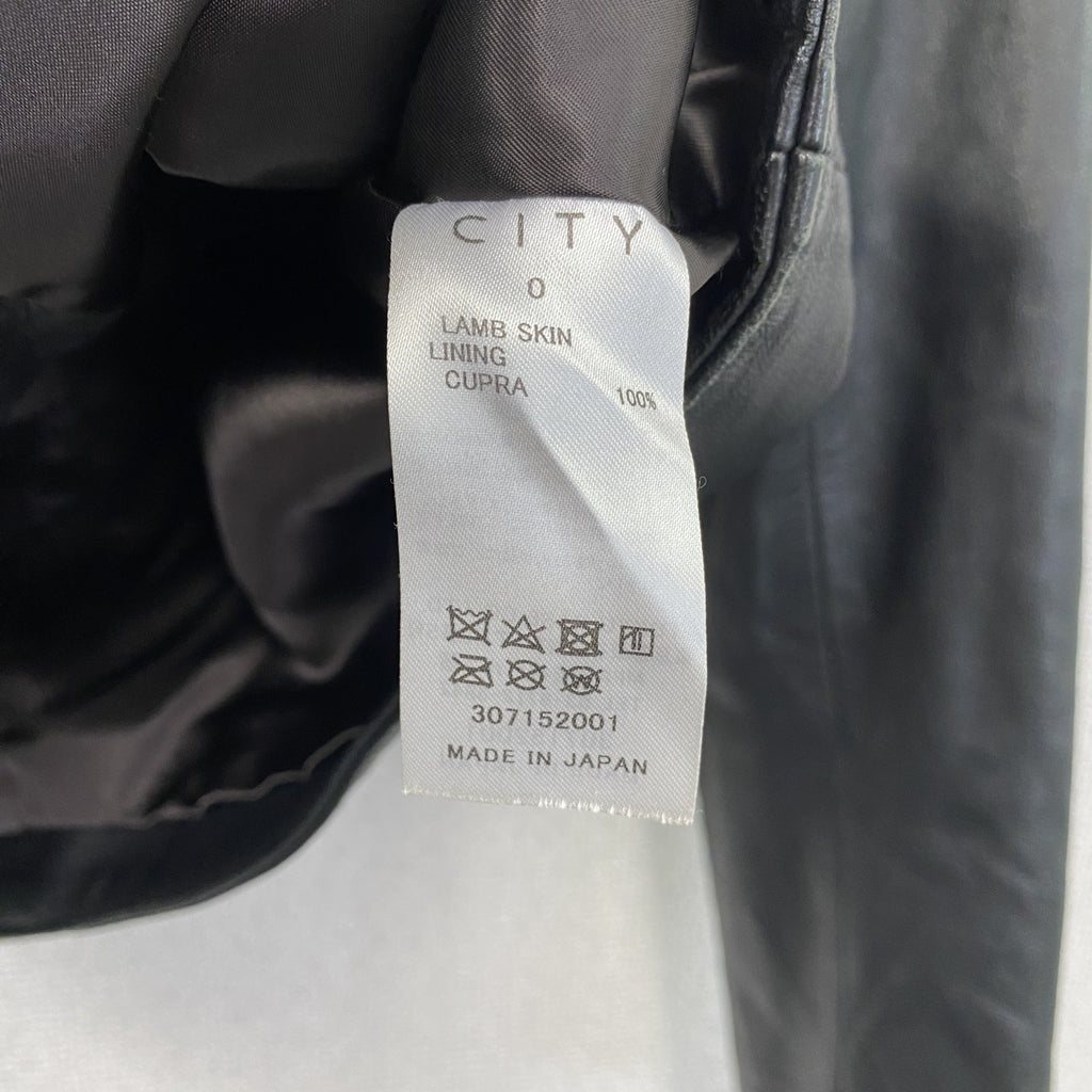 CITY　シティ　ノーカラーラムレザージャケット　シングルライダースジャケット　黒　ブラック　0サイズ　古着