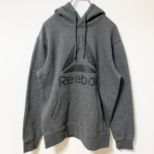 古着 used Reebok リーボック　長袖ロゴプリントパーカー　フーディー　スポーティー　ダークグレー　レトロ　Sサイズ