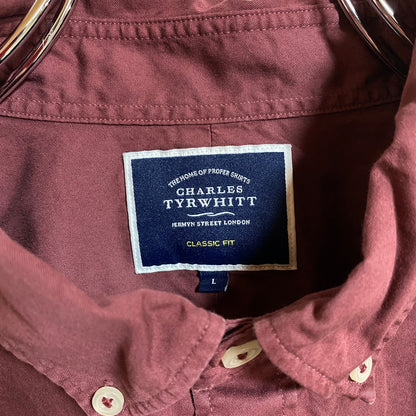 古着 used　CHARLES TYRWHITT　長袖ワンポイント刺繍シャツ　シンプル　ワインレッド　秋冬服　レトロ　Lサイズ