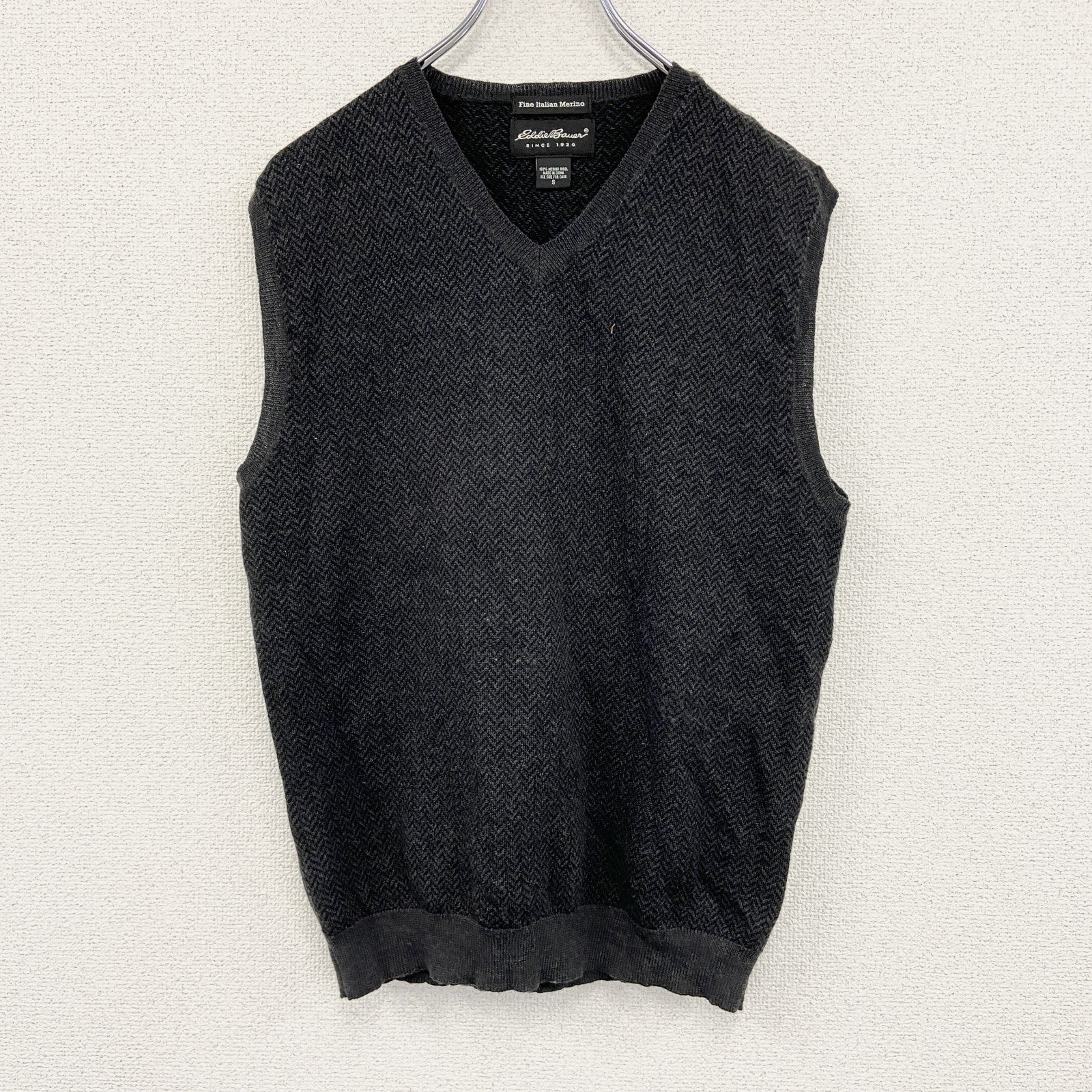 Eddie Bauer　エディーバウアー　Fine Italian Merino　ウールニットベスト　ヘリンボーン柄　ダークグレー　Sサイズ　古着