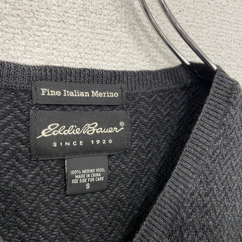 Eddie Bauer　エディーバウアー　Fine Italian Merino　ウールニットベスト　ヘリンボーン柄　ダークグレー　Sサイズ　古着