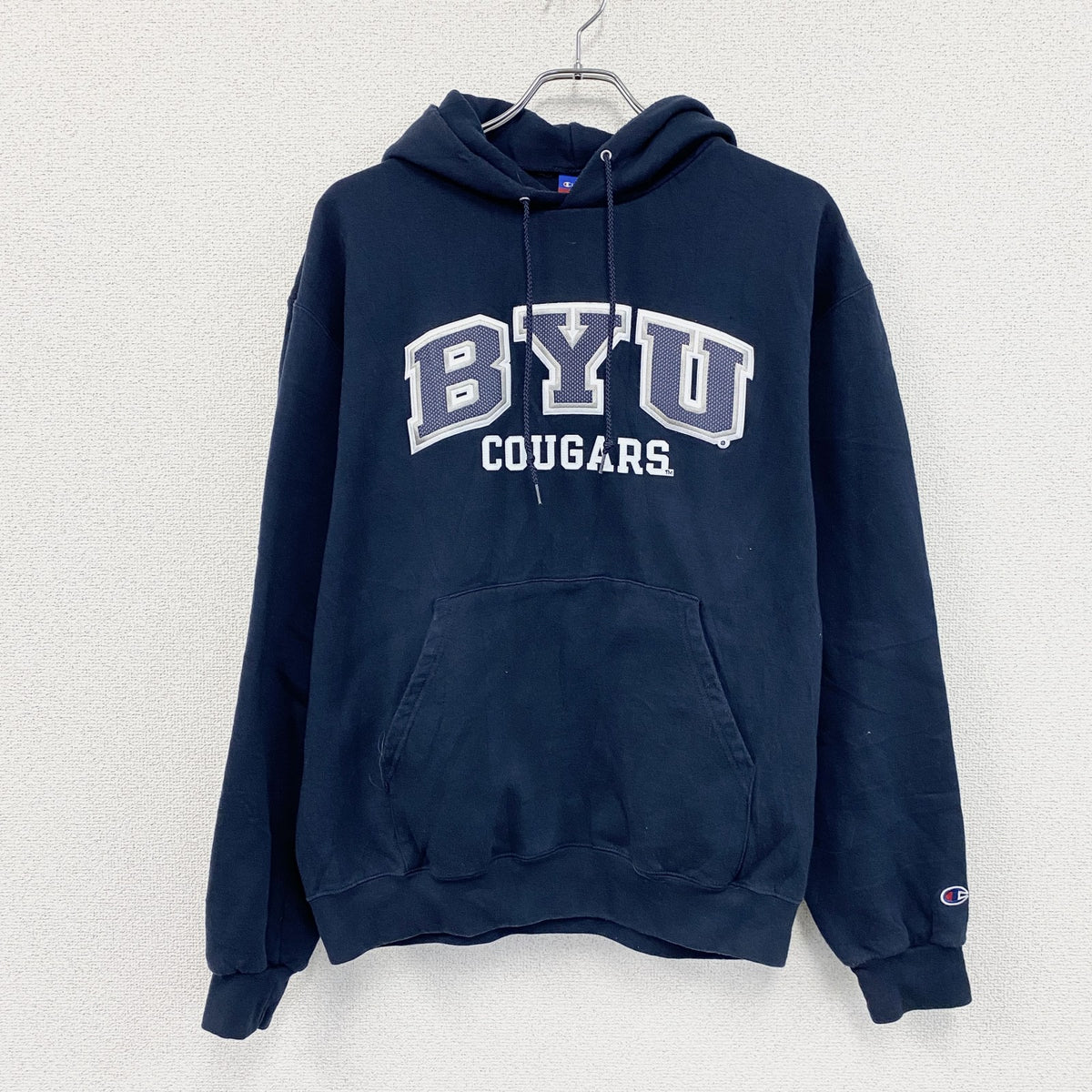 00s　champion　チャンピオン　スウェットパーカー/フーディー　アーチプリント　刺繍ロゴ　ワッペン　紺　ネイビー　Lサイズ　古着