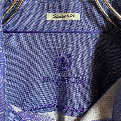 古着 used　BUGATCHI　長袖総柄デザインシャツ　グラデーションカラー　紫　パープル　緑　グリーン　秋冬服　Mサイズ