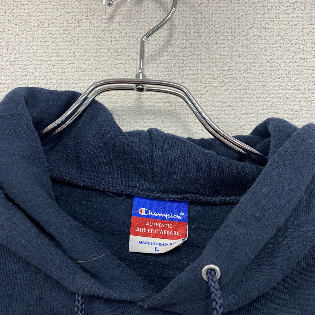 00s　champion　チャンピオン　スウェットパーカー/フーディー　アーチプリント　刺繍ロゴ　ワッペン　紺　ネイビー　Lサイズ　古着