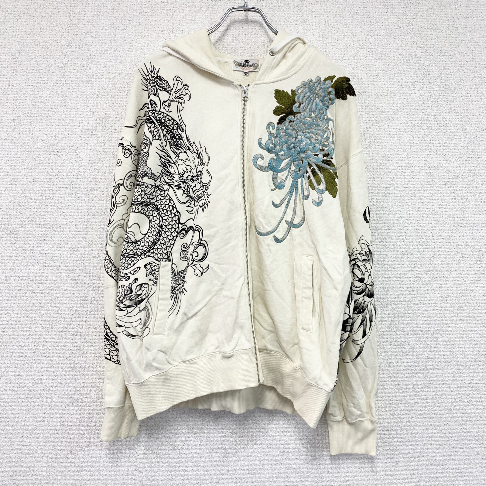 絡繰魂　からくりだましい　フルジップスウェットパーカー/フーディー　龍　花柄　和柄　アイボリー　2XLサイズ