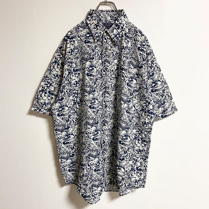 古着 used　ROUNDTREE&YORKE　半袖総柄デザインシャツ　花柄　ネイビー　白　春夏服　ビッグシルエット　XLサイズ