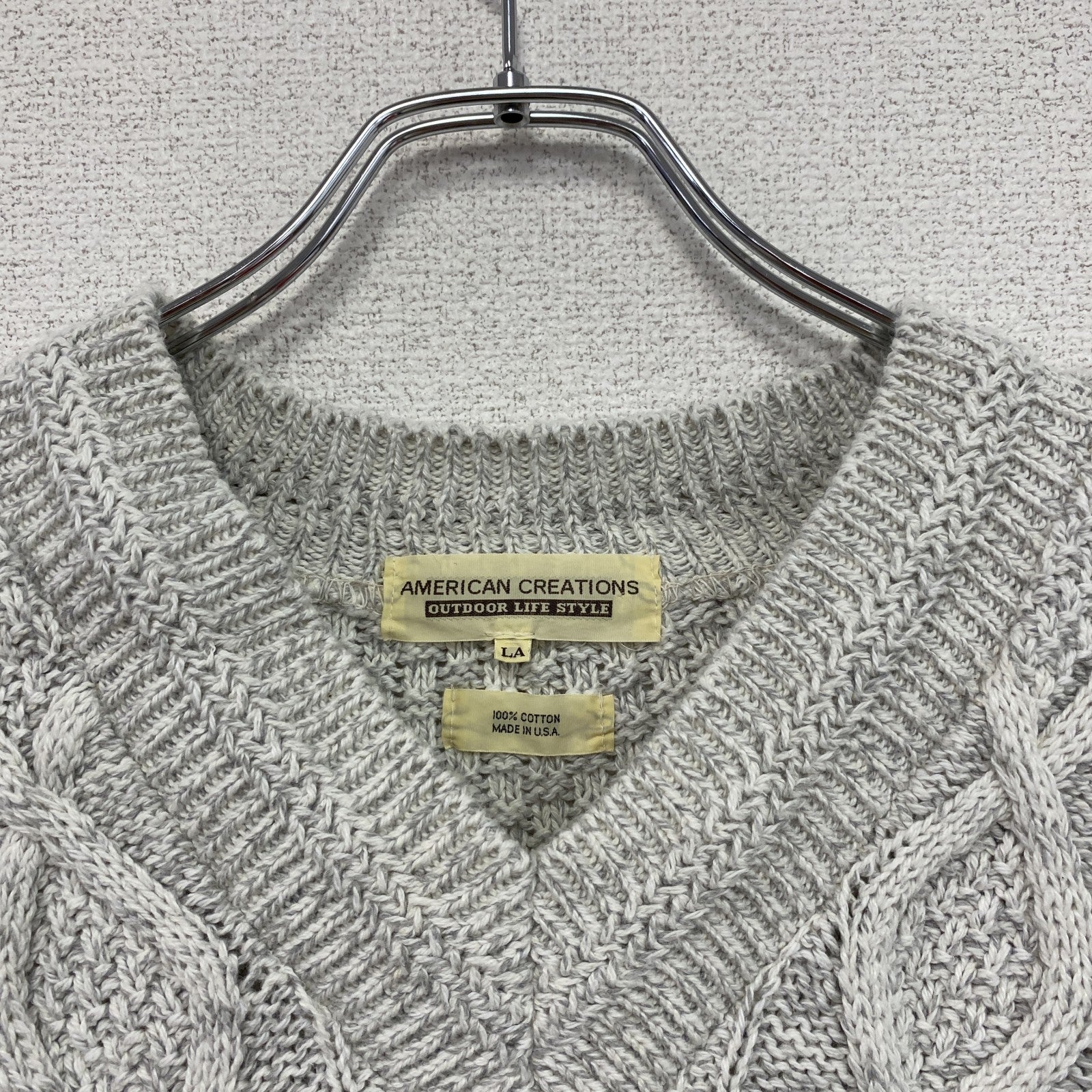 80s～90s　USA製　AMERICAN CREATIONS　コットンニットセーター　Vネック　ケーブル編み　灰色　ライトグレー　Lサイズ　古着