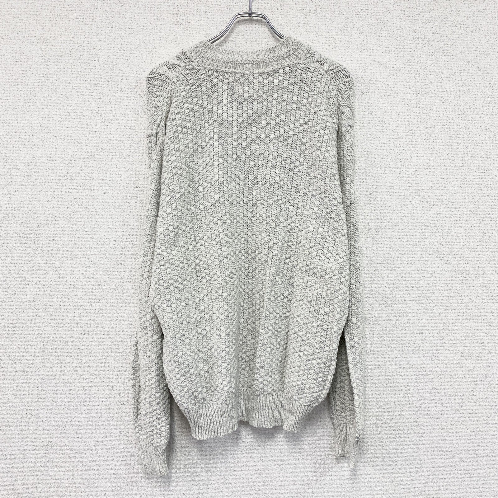 80s～90s　USA製　AMERICAN CREATIONS　コットンニットセーター　Vネック　ケーブル編み　灰色　ライトグレー　Lサイズ　古着