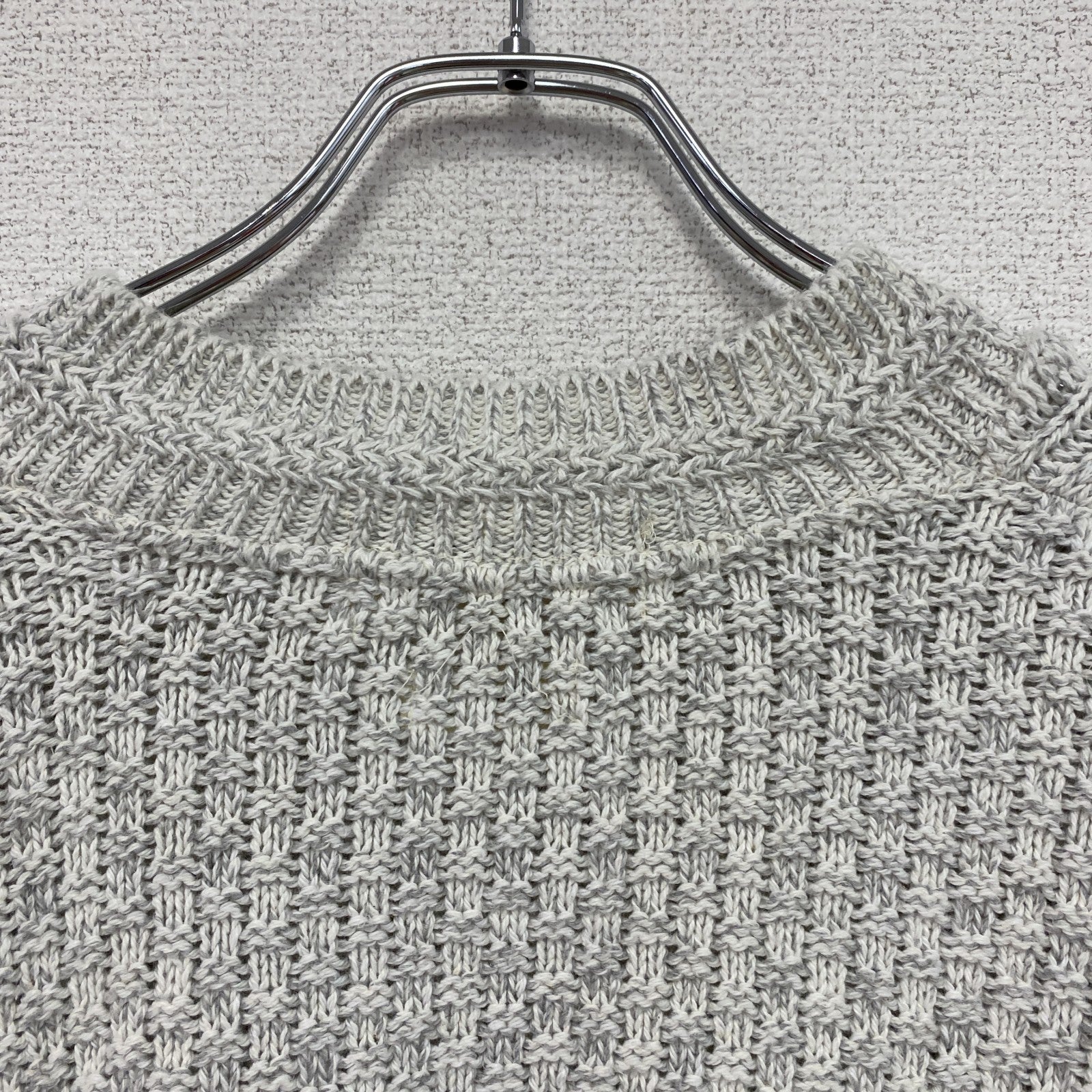 80s～90s　USA製　AMERICAN CREATIONS　コットンニットセーター　Vネック　ケーブル編み　灰色　ライトグレー　Lサイズ　古着