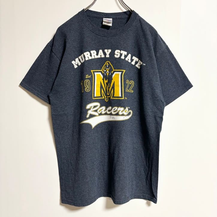 JERZEES　ジャージーズ　半袖クルーネックTシャツ　バックプリント　競馬　マリー州　グレー　灰色　春夏服　Mサイズ　古着