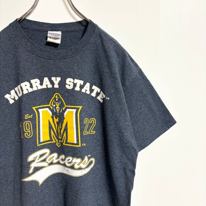JERZEES　ジャージーズ　半袖クルーネックTシャツ　バックプリント　競馬　マリー州　グレー　灰色　春夏服　Mサイズ　古着